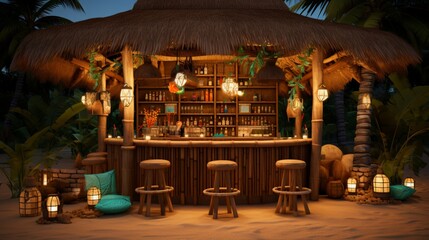 a tiki bar with tiki torches, thatched roofing, and a tropical cocktail oasis - obrazy, fototapety, plakaty