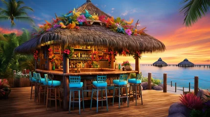 Foto op Plexiglas a tiki hut bar with colorful cocktails, beachfront seating, and island vibes © DESIRED_PIC