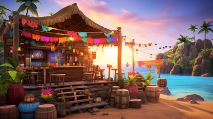 a tropical beach bar with colorful cocktails, live music, and island party vibes