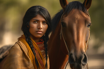 インディアンの女性と馬 - obrazy, fototapety, plakaty