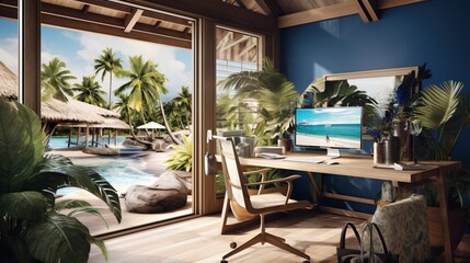a tropical island office with open-air workstations, natural light, and creative inspiration