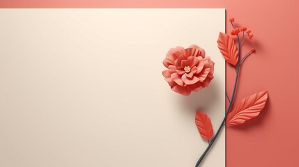 White Greeting Card Mockup with paper flower on pink background. Invitation Card Mockup With Flowers For Special Occasions.