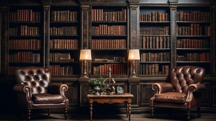a vintage background featuring an antique library with leather-bound books and dim lighting