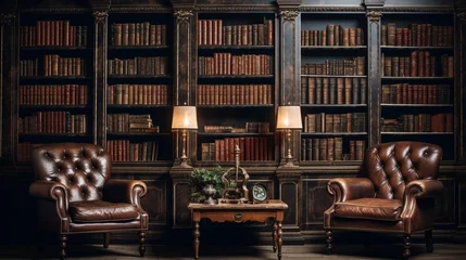 Fotobehang a vintage background featuring an antique library with leather-bound books and dim lighting © DESIRED_PIC