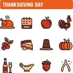 Thanksgiving day icons. Traditional american dinner vector set. November. Color icon design.