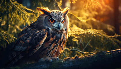 Majestic owl perching on branch, staring with wisdom and mystery generated by AI
