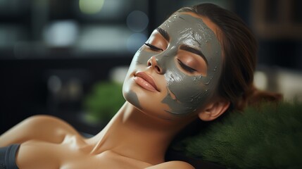Beautiful woman with good skin with gray clay mask lying on spa bed, having organic beauty treatment in modern beauty clinic. - obrazy, fototapety, plakaty