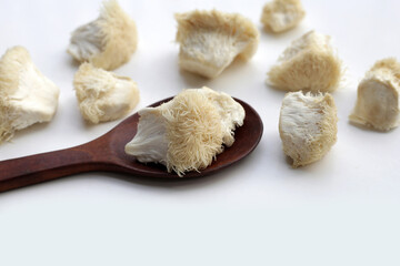 Fresh lion's mane mushroom on white background. (Yamabushitake Mushroom)