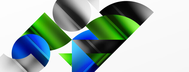 Elegant minimalist background with color metallic circles and triangles, creating harmonious composition of geometric shapes for wallpaper, banner, background, landing page
