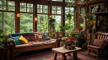 Fototapeta na wymiar an eclectic forest cabin with a blend of natural and whimsical elements, celebrating woodland charm
