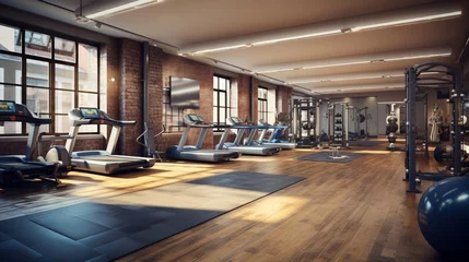 Papier Peint photo Lavable Fitness an eclectic gym interior with an array of workout equipment, catering to diverse fitness interests