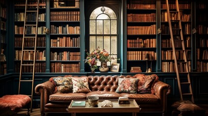 an eclectic library with an unconventional mix of bookshelves, creating a literary haven of...