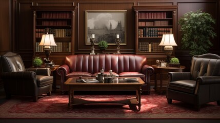 Fototapeta na wymiar an elegant law firm office with mahogany furniture, legal books, and professional decor