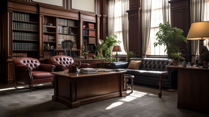 an elegant law firm office with mahogany furniture, legal books, and professional decor