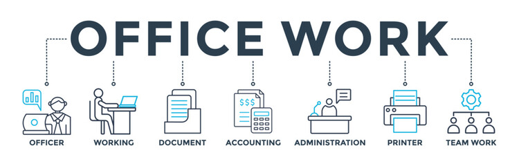 Office work banner web icon vector illustration concept with icon of officer, working, document, accounting, administration, printer, teamwork