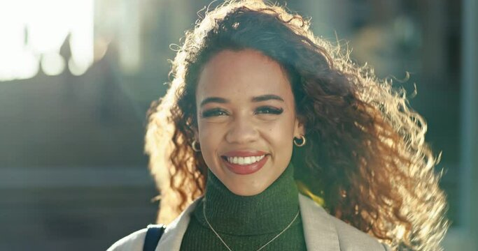 Morning, city and face of business woman in city on commute for career, job and work opportunity. Professional, happy and portrait of worker in urban town for success mindset, inspiration and travel