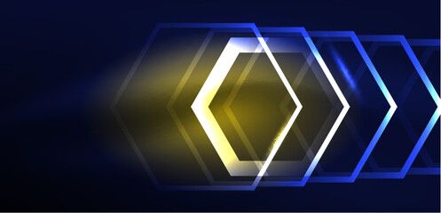 Obraz premium Hexagon abstract background. Techno glowing neon hexagon shapes vector illustration for wallpaper, banner, background, landing page, wall art, invitation, prints, posters