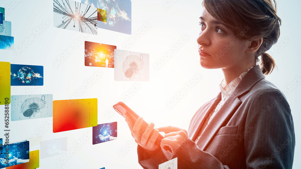 Poster a woman using a smartphone and a cg screen. video content. nft.