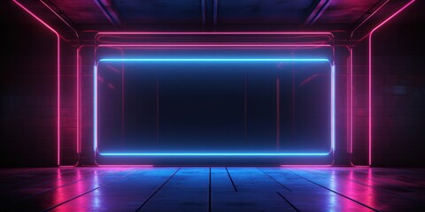 Neon frame in a dark basement with brick walls. AI generation 