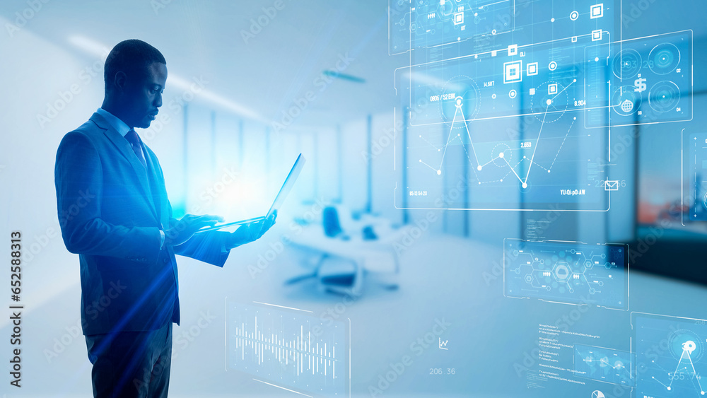 Poster A man using a personal computer and digital data