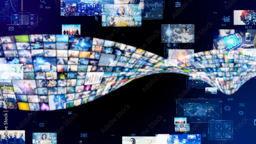 Poster Video and global network. Digital contents. Streaming video. NFT. Non-fungible token. Image distribution AI.