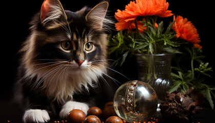 Cute kitten sitting on table, playing with toy ball indoors generated by AI