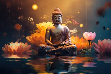 Gordijnen glowing golden buddha and water color flowers © Kien
