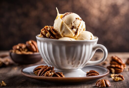  triple scoop of butter pecan, maple walnut, and pralines and cream ice cream in a cup. Generative AI 