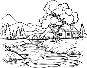 River in forest landscape drawing