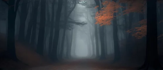 Papier Peint photo autocollant Route en forêt Scary pathway at a foggy forest on halloween from Generative AI