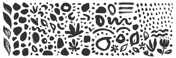 Vector Scandinavian brush line set. Abstract messy botanical squiggle daubs. Scribble brush strokes background. Hand drawn curved scribbles. Black sketch lines. Each element is united and isolated