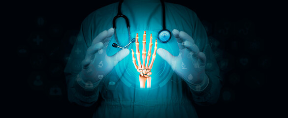 Pain in the joints of the bones of the hand. Arthritis and osteoarthritis pain concept. Doctor shows the bones of the hand. Digital interface of human anatomy. Isolated on black background - obrazy, fototapety, plakaty