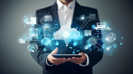 Businessman holding cloud computing with infographic and technology icons , Information technology innovation and transformation concept ai generated 