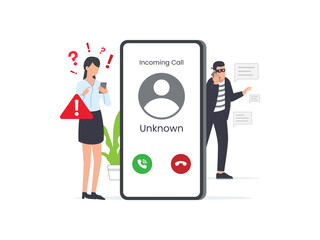 Concept of Cheating, Pranks, or Scams. Fraud People Makes Suspicious Call from Unknown Number on Smartphone. Cartoon Flat Vector Illustration.