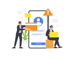 Cybercriminals engage in phishing to steal private information: personal data, credentials, passwords, bank documents, and credit card details. Flat illustration of cybercriminals.