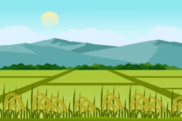 Gardinen Beautiful rice and paddy fields landscape with mountains vector illustration. A view of a peaceful village.  © fadfebrian