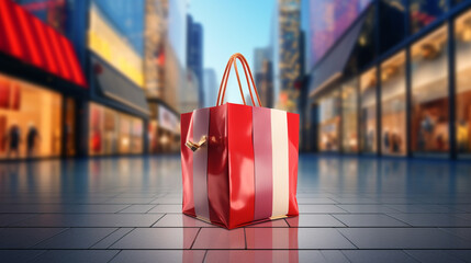 red shopping bags on the city street and store background. black friday and discount concept