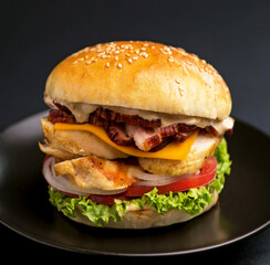 Close-up of a delicious fresh homemade burger with lettuce, cheese, onion and tomato on a rustic wooden board on a dark background
