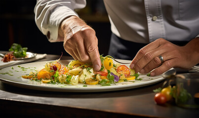 modern food stylist's hands artfully decorating a meal for presentation in a high-end restaurant