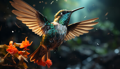 Obraz premium Hummingbird perching on branch, vibrant colors, nature iridescent beauty generated by AI