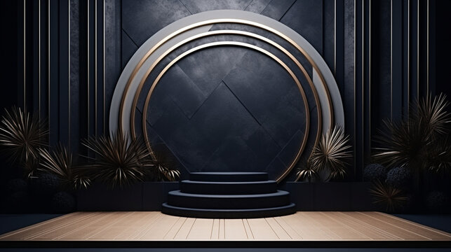 Premium black podium showcase with circle gold accent, leaves, wooden floor and golden glowing lights. Empty space pedestal for Luxury Art Deco cosmetics product display background. 