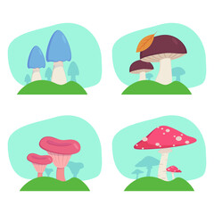 Mushrooms growing on grass vector illustrations set. Fresh poisonous and edible plants, chanterelle or fungus in wild forest on blue background. Autumn nature, food, wildlife concept