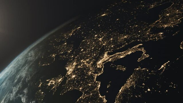 Night as seen from space over planet Earth. A satellite view of the cities lights over Europe.
