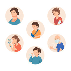 People or kids with disease symptoms vector illustrations set. Collection of cartoon drawings of characters with injuries, broken arms, acne, cold. Medicine, healthcare, treatment concept