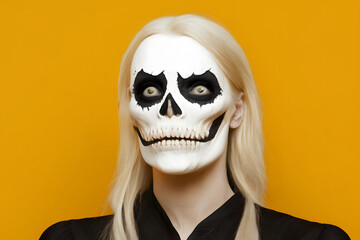 Young woman with skull make up on yellow background. Halloween concept.