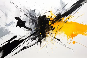 Fotobehang black yellow abstract paint splatter white space surrounding dynamic splashes syndicate whirlwind wasps signatures © Cary