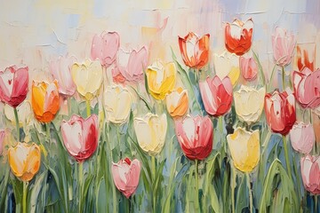 field tulips sky background oil garden environment pouring techniques fraser tall flowers zinc white thick layers rhythms princess spring tulip - obrazy, fototapety, plakaty