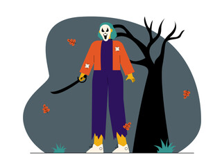 Spooky flat vector illustration. Spooky background with scared tree and halloween costume.