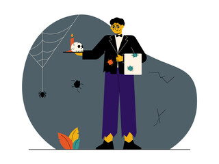 Spooky flat vector illustration. Spooky background with web spider, skul, and halloween costume.