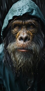 closeup man green hat beard humanoid monkey race rain mud real ape long white hair ancestors future fisherman epically luminous euler ancestral